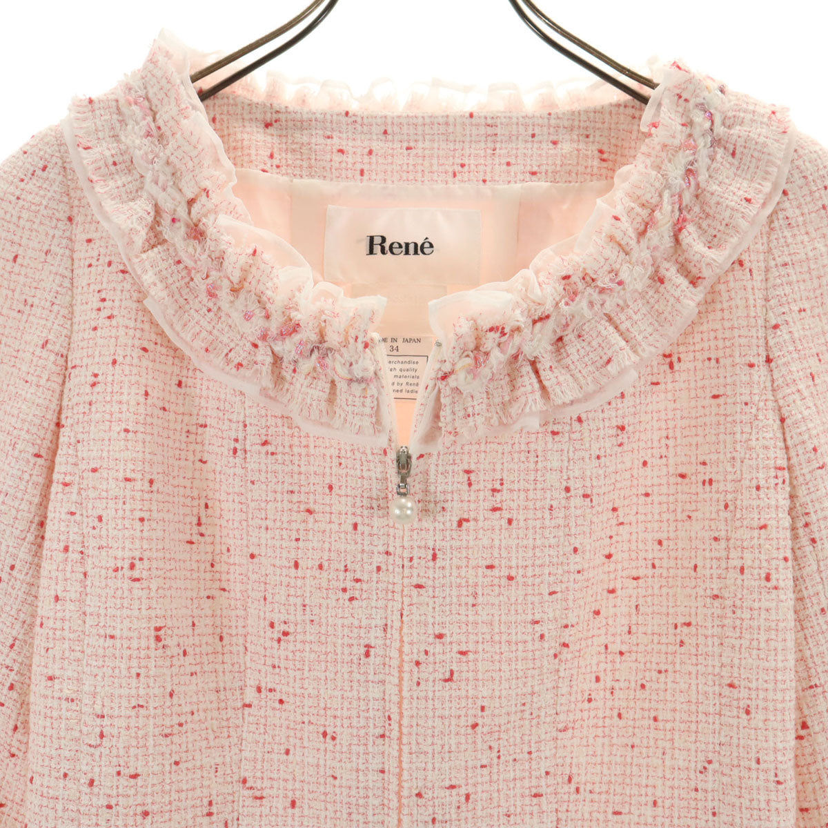 未使用 Rene ルネ 日本製 5分袖 ツイード ジャケット 34 ピンク系 レディース