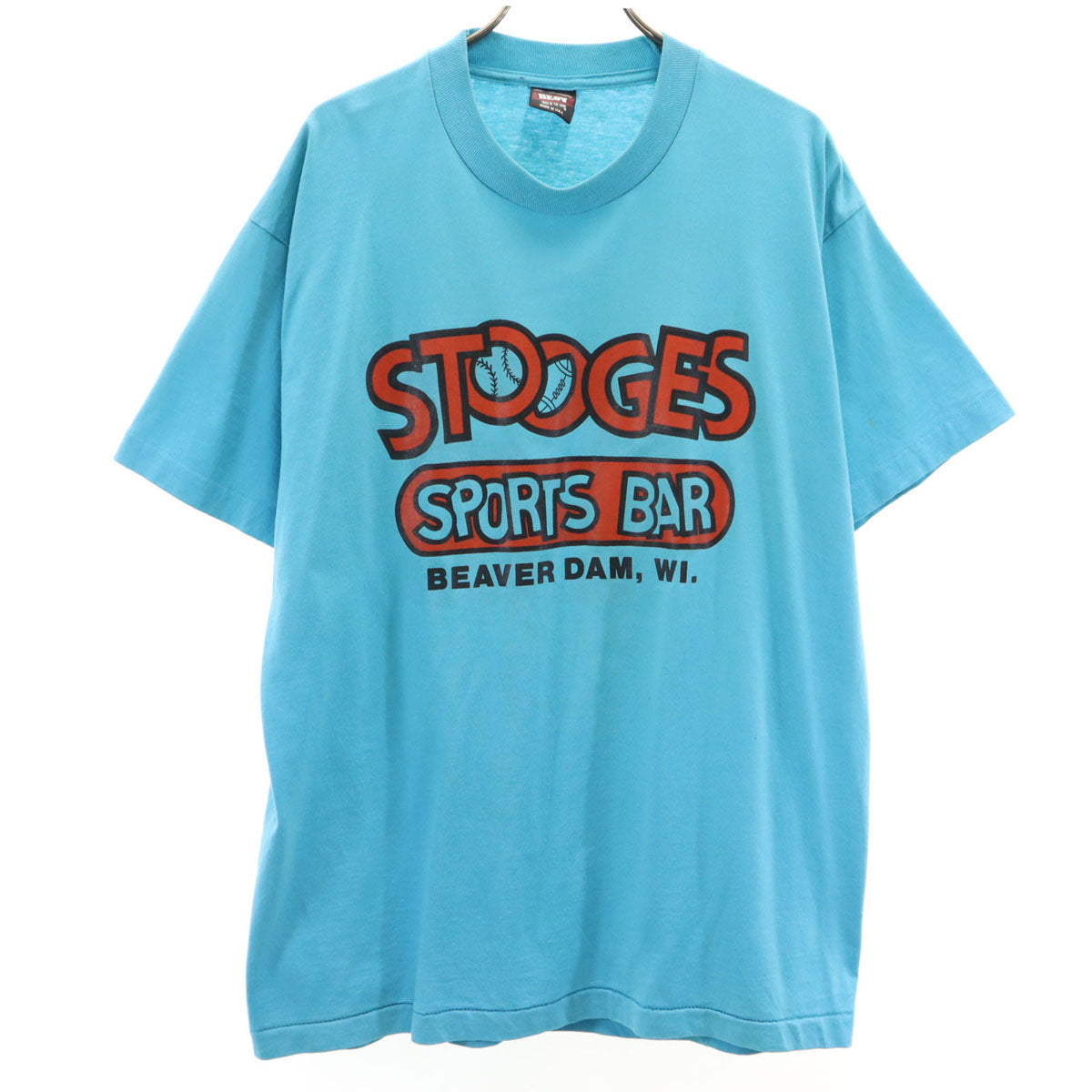 FRUIT OF THE LOOM BEST フルーツオブザルーム ベスト 90s USA製 オールド STOOGES SPORTS BAR 半袖 Tシャツ L 水色 シングルステッチ メンズ