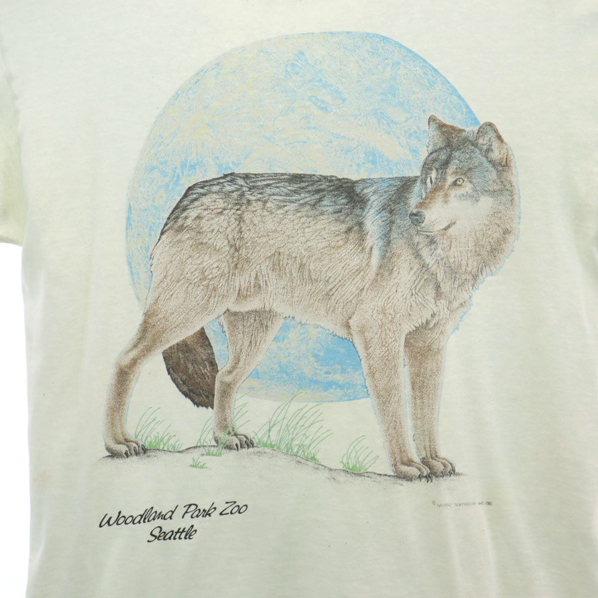 HABITAT ハビタット 90s USA製 オールド オオカミ 半袖 Tシャツ M グリーンホワイト系 シングルステッチ アニマル柄 メンズ