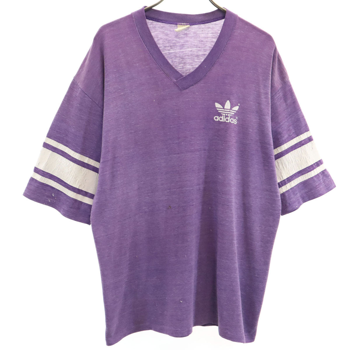 adidas アディダス 80s USA製 ヴィンテージ トレフォイルロゴ 5分袖 Vネック Tシャツ パープル メンズ