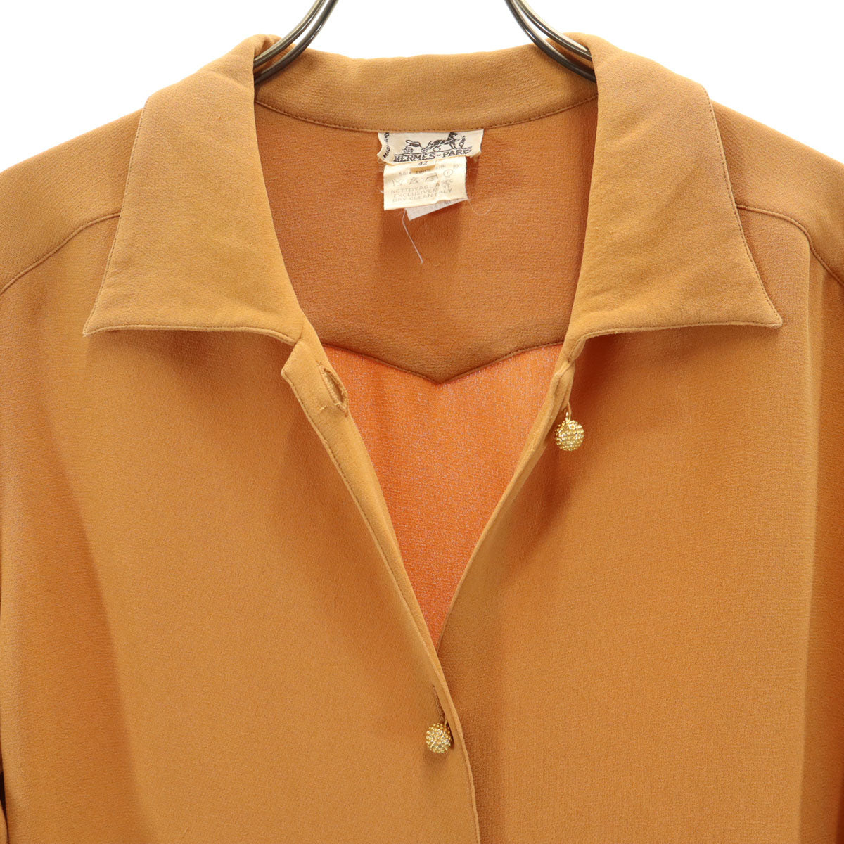 HERMES エルメス 90s フランス製 シルク オールド 半袖 シャツ 42 オレンジブラウン レディース