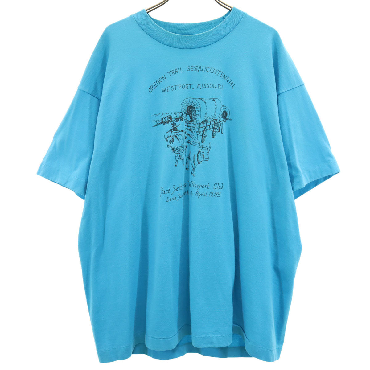 FRUIT OF THE LOOM BEST フルーツオブザルーム ベスト 90s USA製 オールド オレゴン・トレイル 150周年記念 半袖 Tシャツ XL 水色 シングルステッチ アニマル柄 牛 メンズ