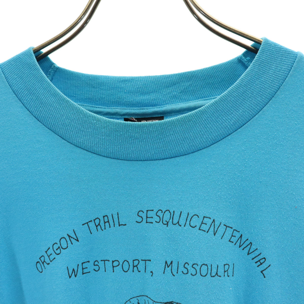 FRUIT OF THE LOOM BEST フルーツオブザルーム ベスト 90s USA製 オールド オレゴン・トレイル 150周年記念 半袖 Tシャツ XL 水色 シングルステッチ アニマル柄 牛 メンズ