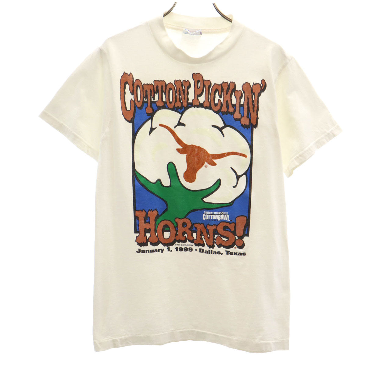 ALL SPORTS オールスポーツ 90s USA製 オールド 1999年 COTTON PICKIN HORNS 半袖 Tシャツ S ホワイト メンズ