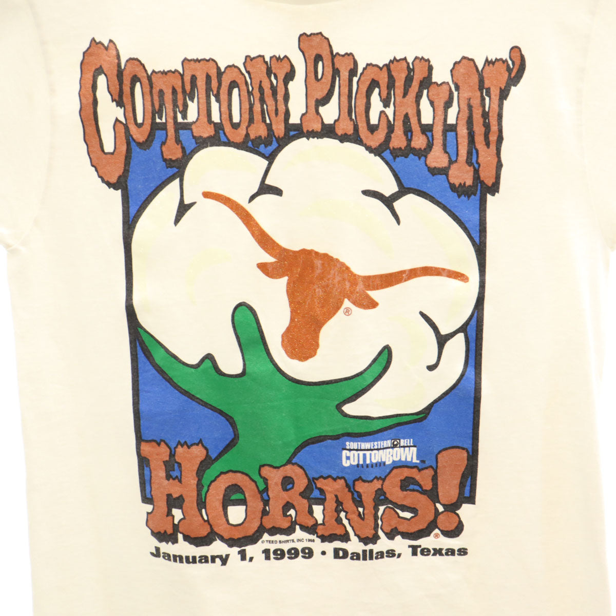 ALL SPORTS オールスポーツ 90s USA製 オールド 1999年 COTTON PICKIN HORNS 半袖 Tシャツ S ホワイト メンズ