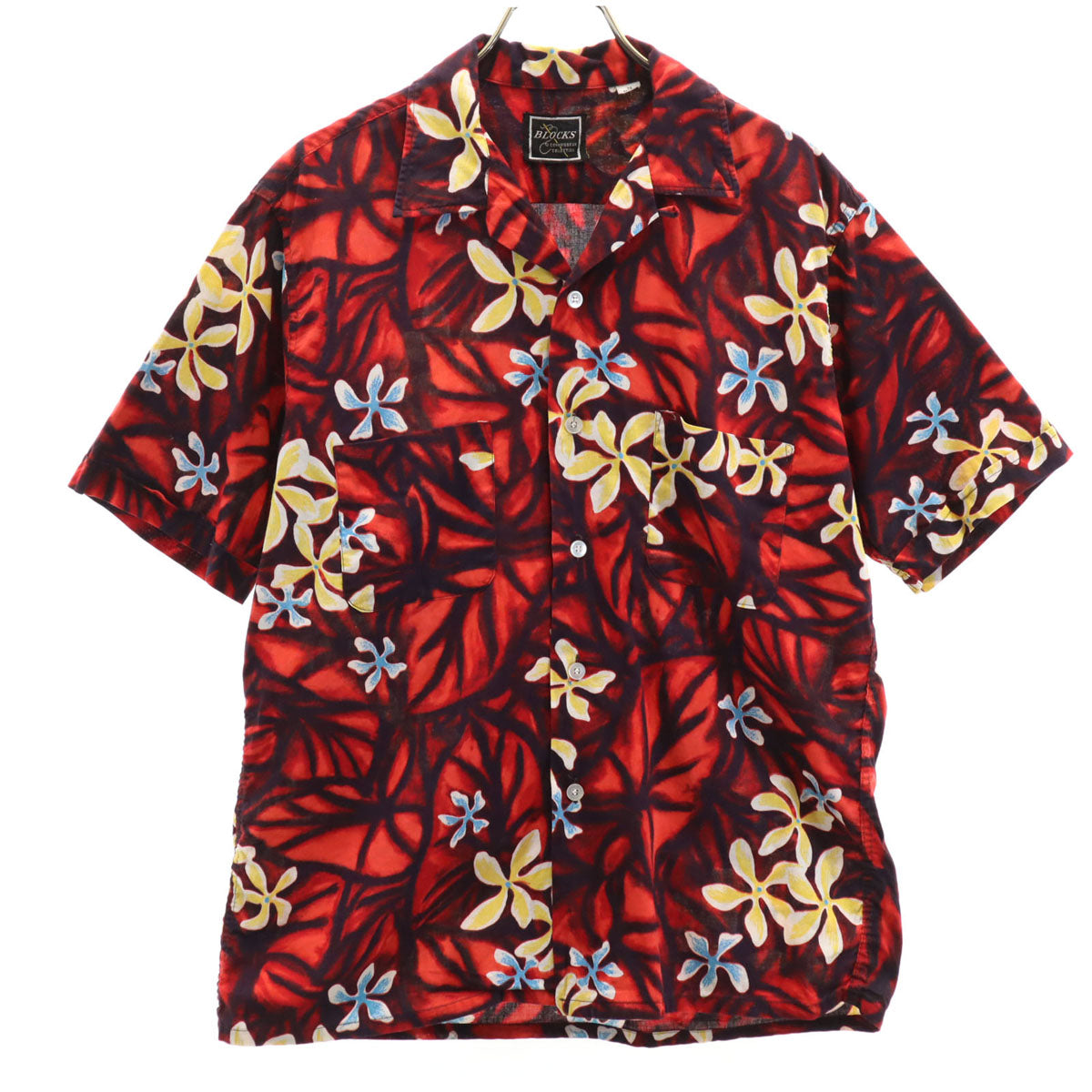 BLOCKS 70s 80s ヴィンテージ 花柄 半袖 オープンカラー アロハシャツ M レッド 開襟 メンズ