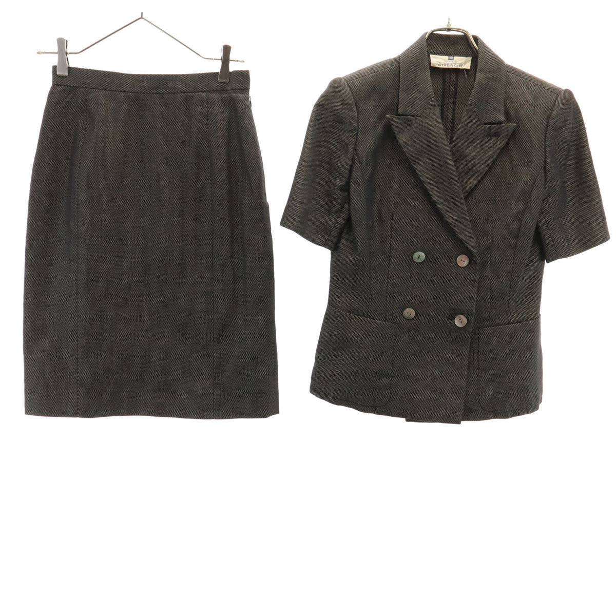 GIVENCHY ジバンシィ 90s オールド 半袖 ダブルブレスト スカートスーツ 上下 セットアップ 38 ブラック系 レディース