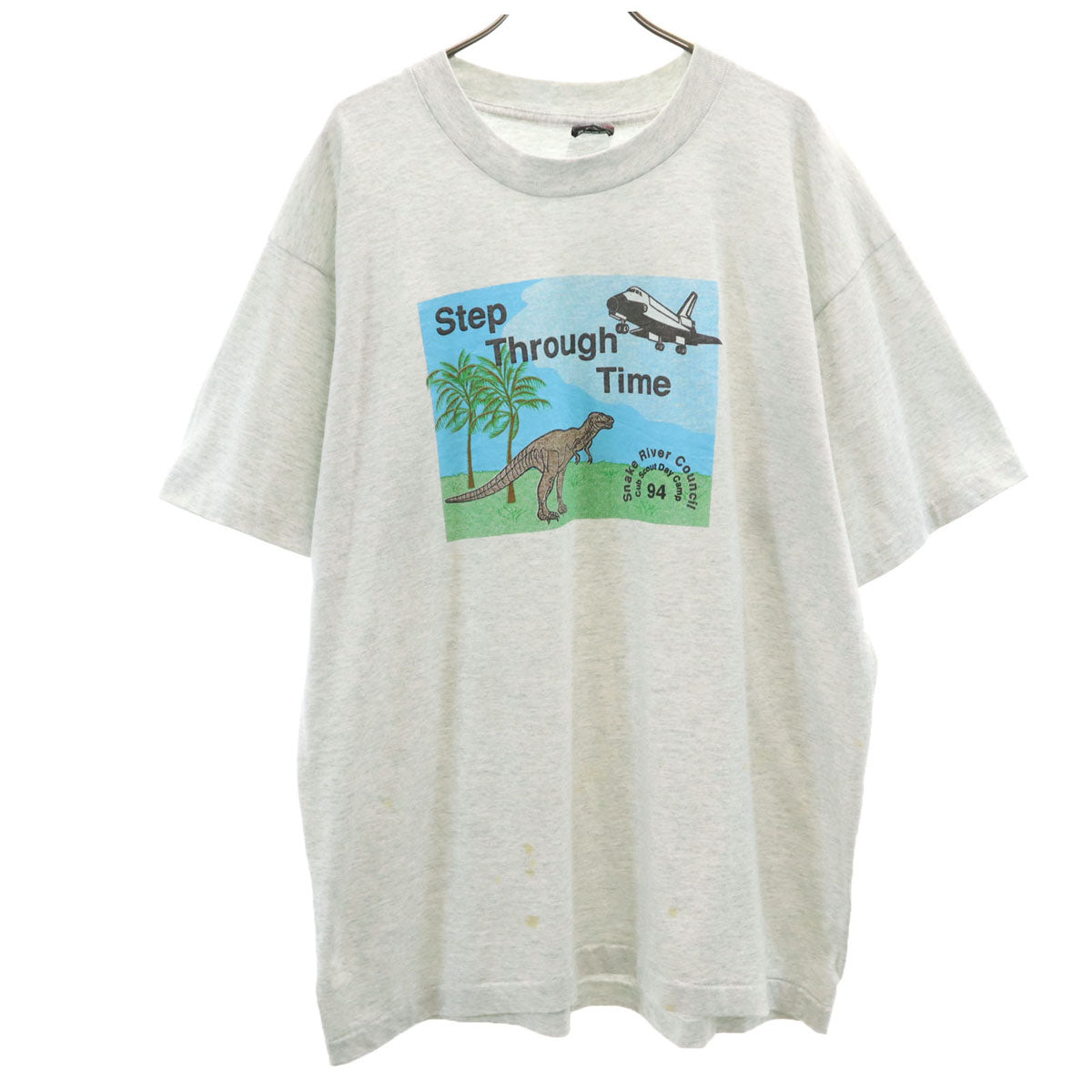 FRUIT OF THE LOOM BEST フルーツオブザルーム ベスト 90s USA製 オールド Step Through Time 半袖 Tシャツ XL グレー シングルステッチ 飛行機 恐竜 メンズ