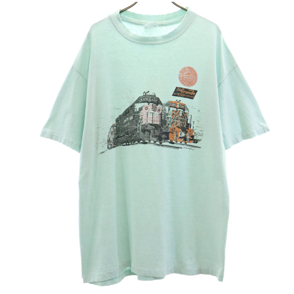 Hanes ヘインズ 80s 90s USA製 オールド 鉄道プリント 半袖 Tシャツ XL ミント系 シングルステッチ BEEFY-T メンズ