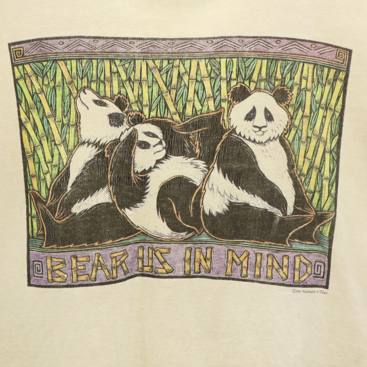 Human-i-Tees 90s USA製 オールド ヒューマンアイ パンダ プリント 半袖 Tシャツ M アイボリー シングルステッチ アニマル柄 メンズ