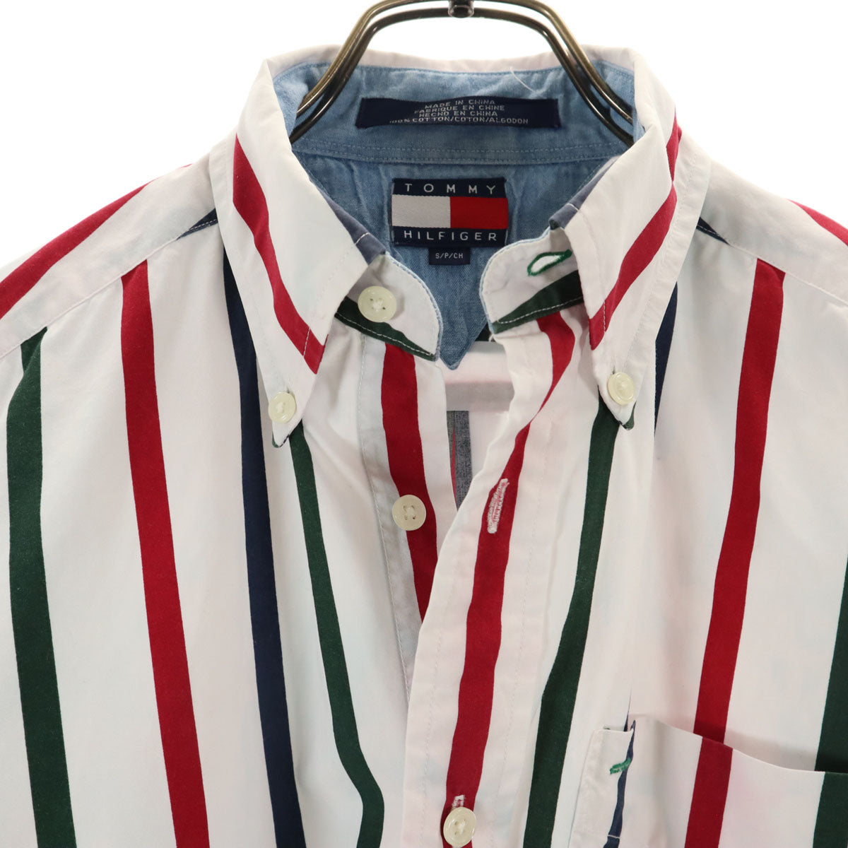 TOMMY HILFIGER トミーヒルフィガー 90s オールド ストライプ柄 半袖 ボタンダウンシャツ S ホワイト メンズ