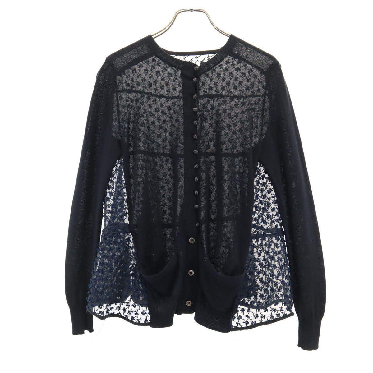 長袖 シアー切替 ニットカーディガン ブラック ペプラム レディース