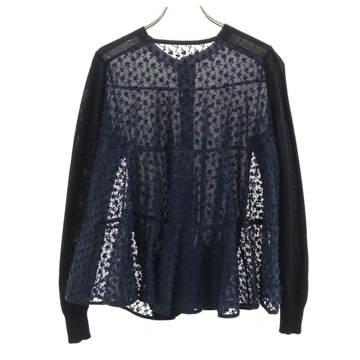 長袖 シアー切替 ニットカーディガン ブラック ペプラム レディース