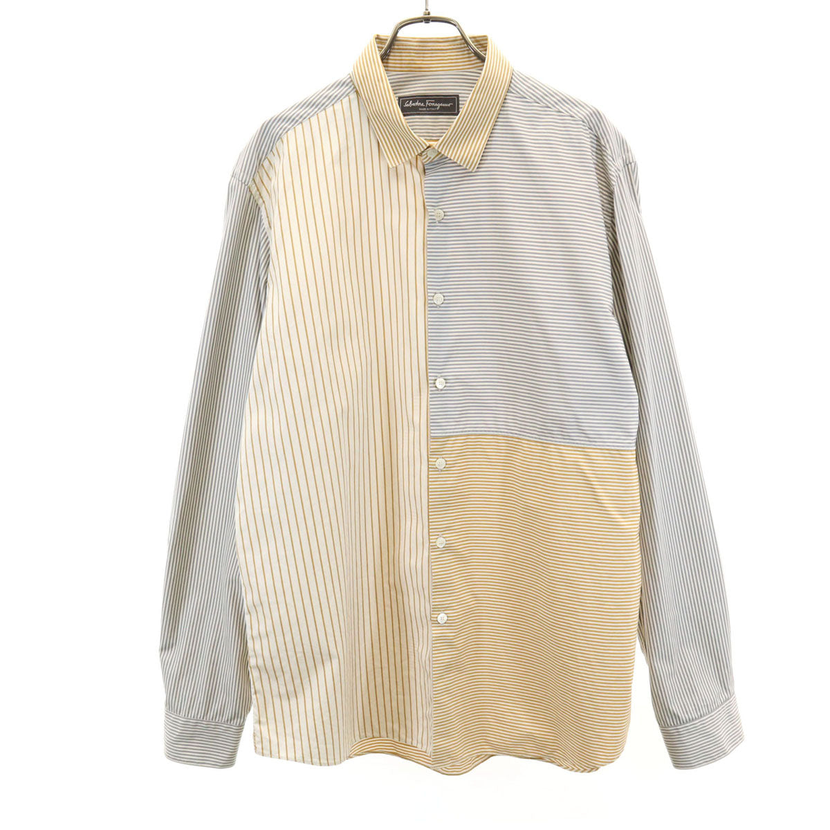 Salvatore Ferragamo サルヴァトーレフェラガモ イタリア製 ボーダー ストライプ柄 長袖 シャツ XL グレー メンズ