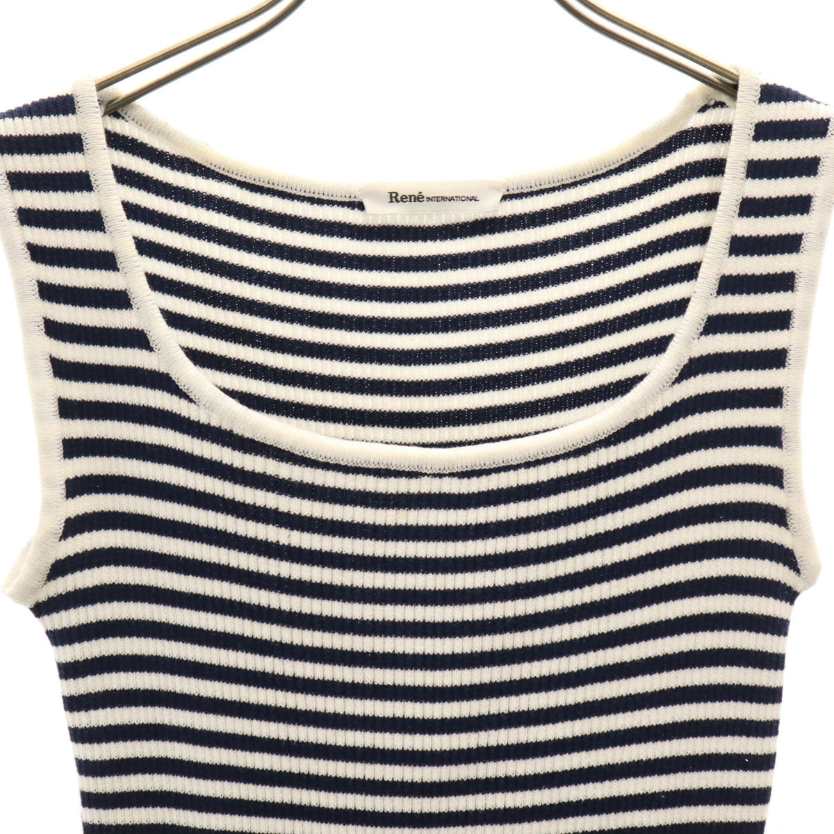 Rene ルネ 日本製 ボーダー柄 ノースリーブ リブニット タンクトップ 36 ネイビー レディース