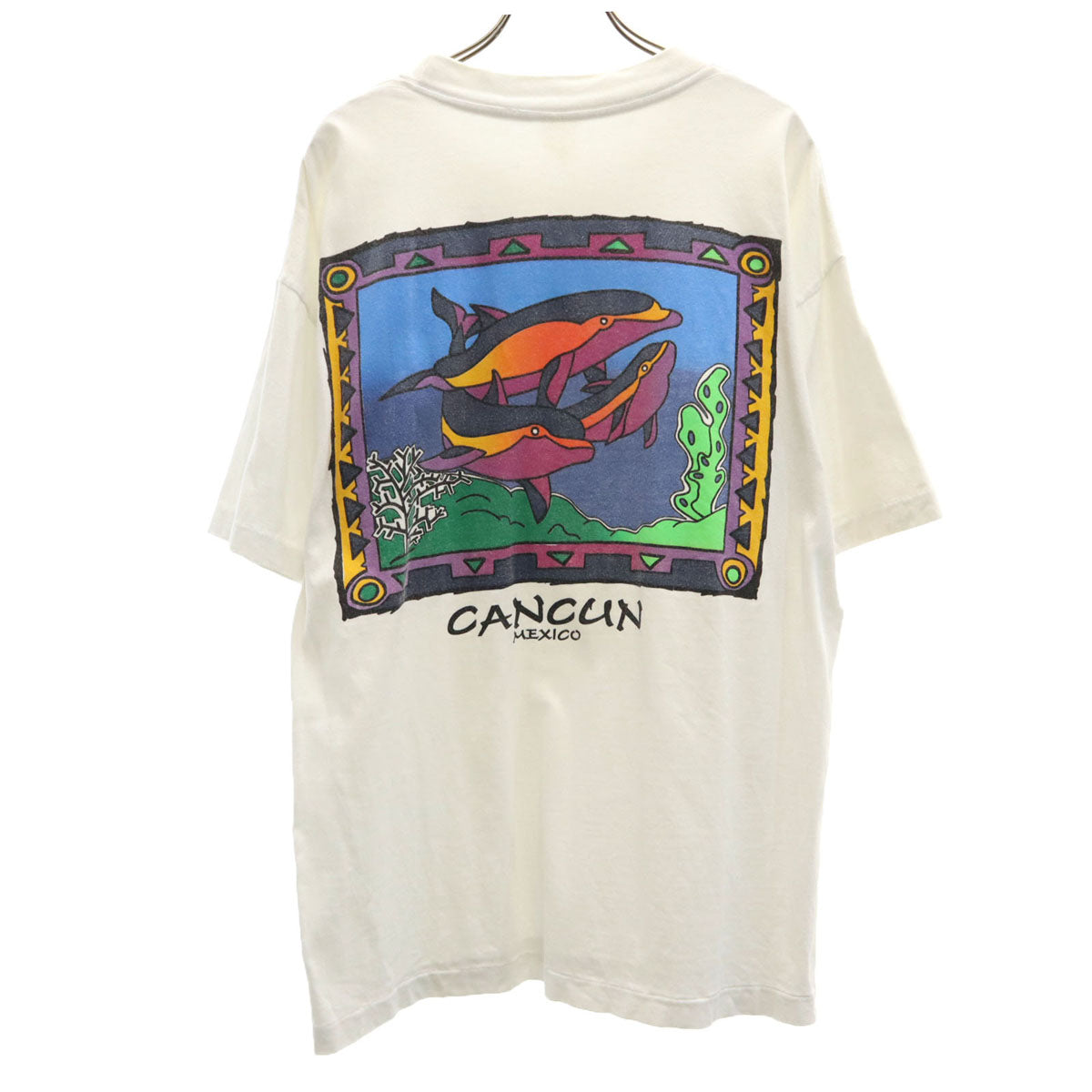 90s オールド バックプリント CANCUN イルカ 半袖 Tシャツ ホワイト シングルステッチ メンズ