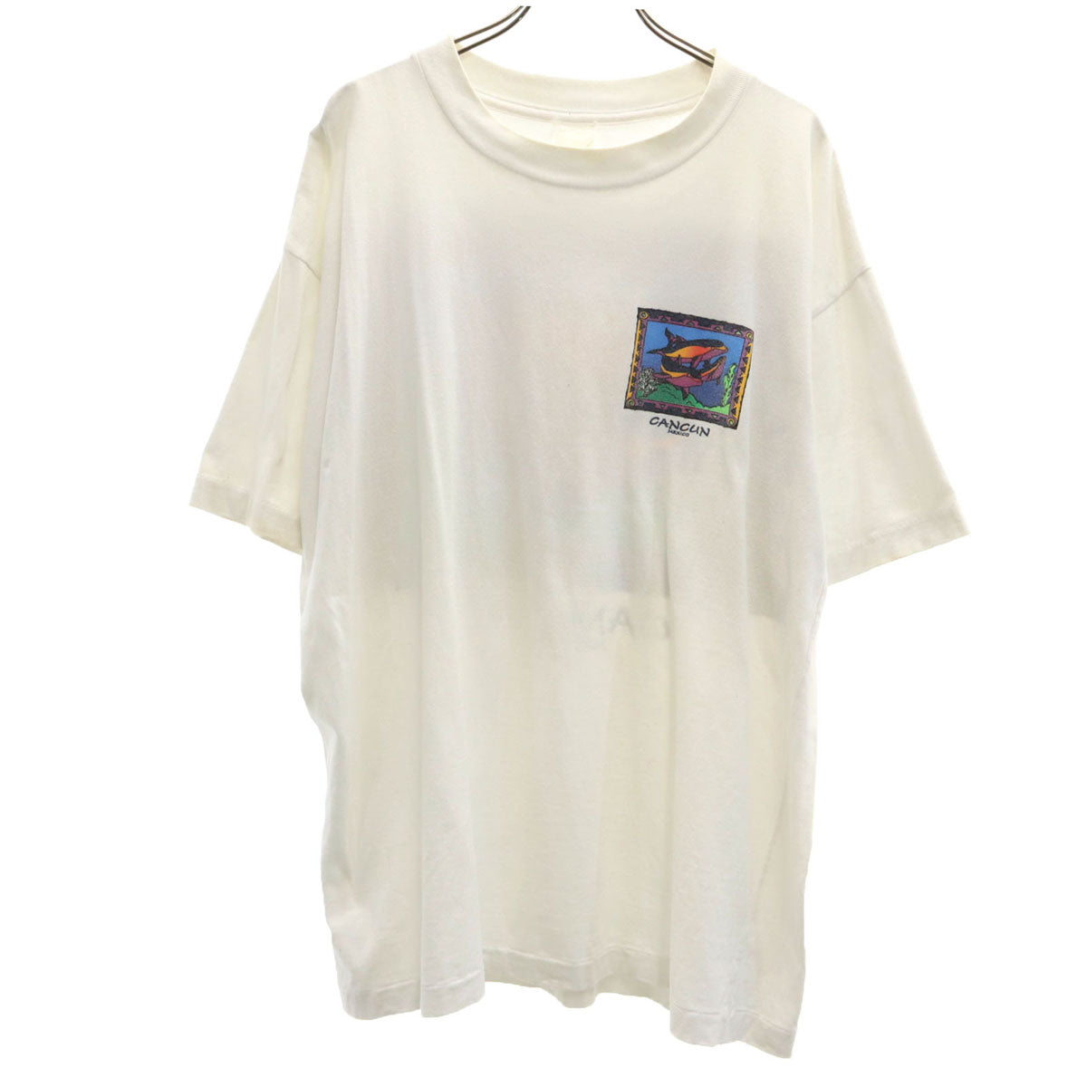 90s オールド バックプリント CANCUN イルカ 半袖 Tシャツ ホワイト シングルステッチ メンズ