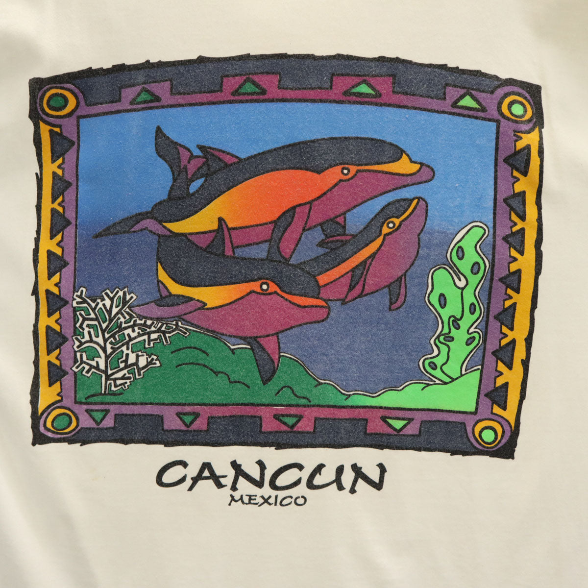 90s オールド バックプリント CANCUN イルカ 半袖 Tシャツ ホワイト シングルステッチ メンズ