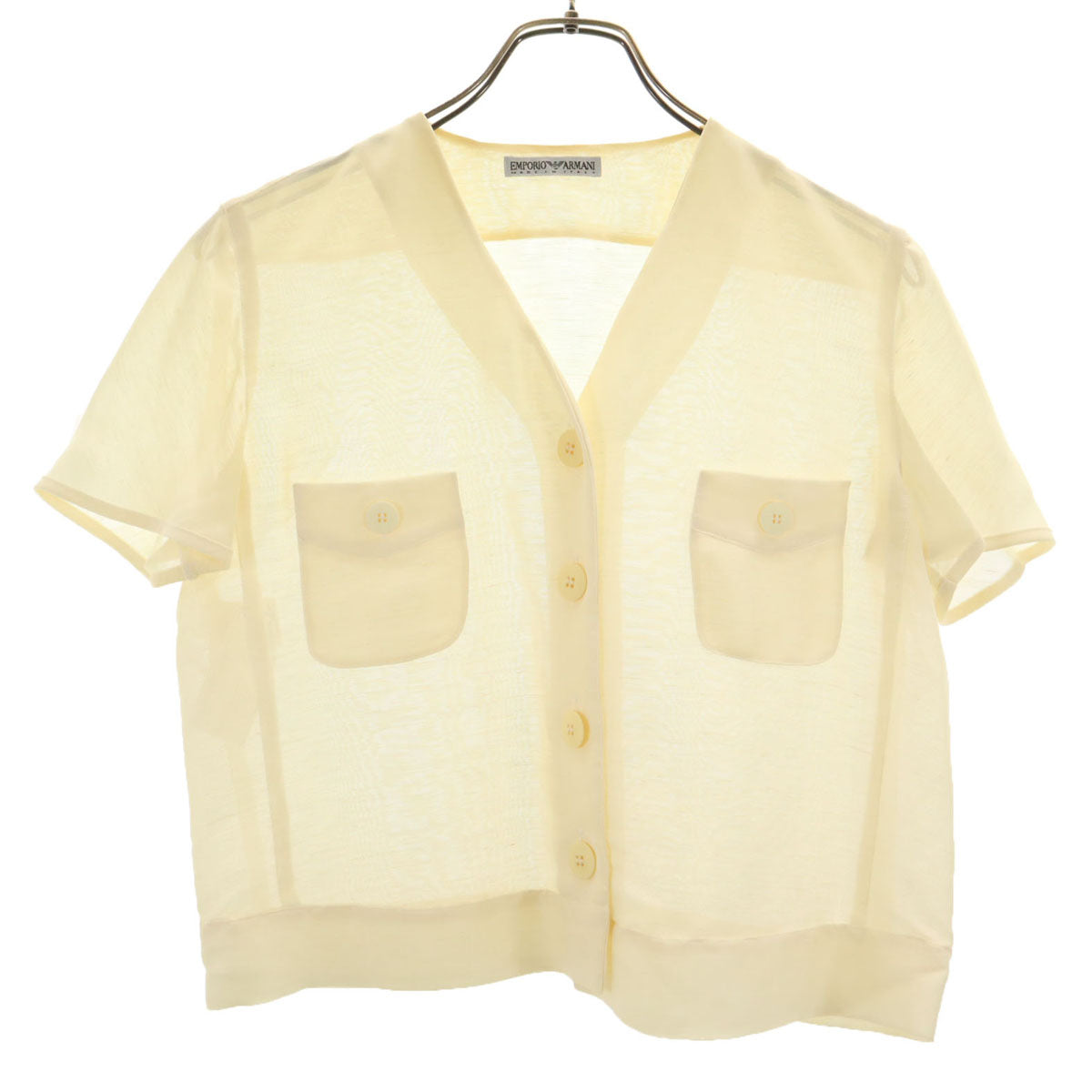 Emporio Armani エンポリオアルマーニ イタリア製 リネンブレンド 半袖 Vネック シャツ 40 アイボリー レディース