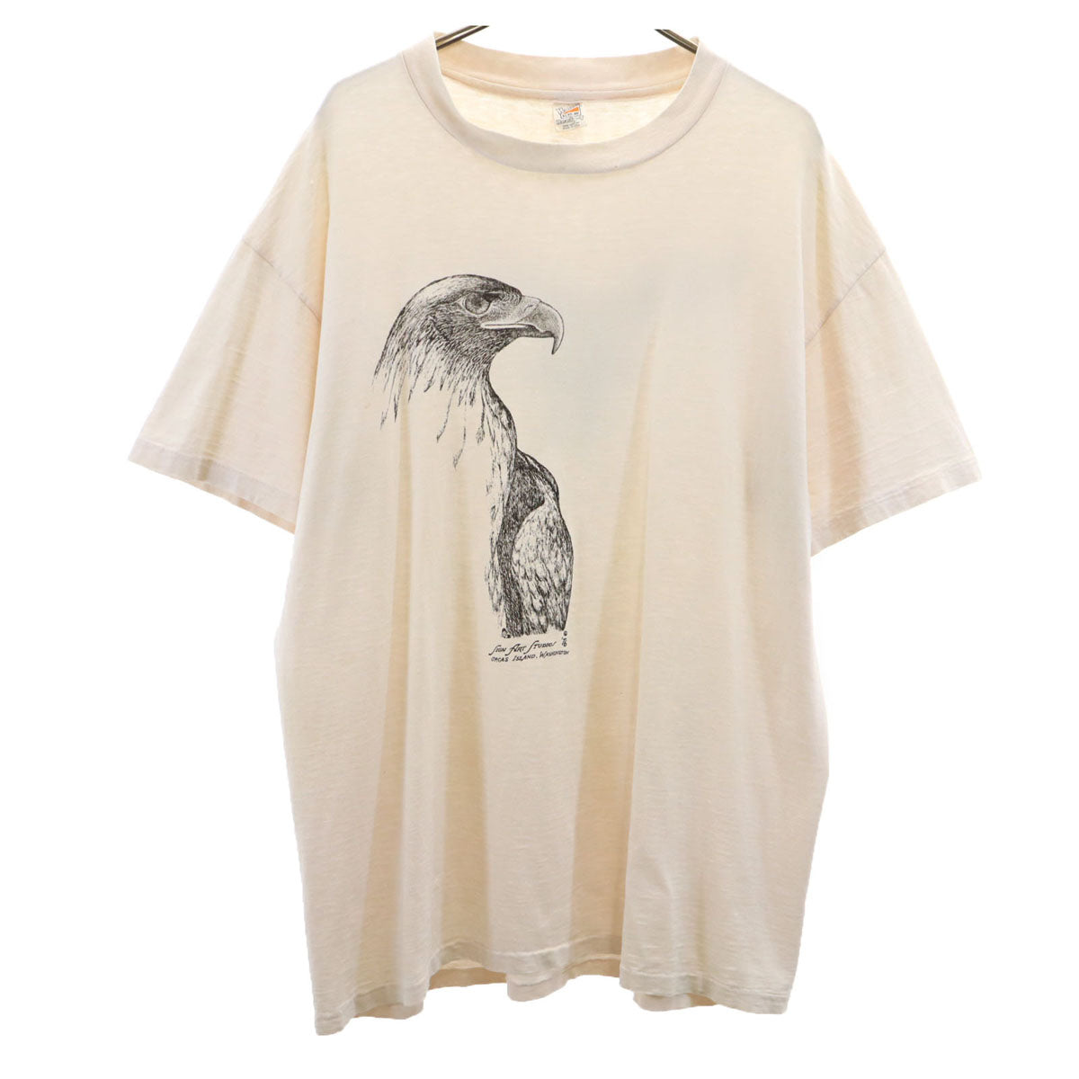 Hanes ヘインズ 70s USA製 ヴィンテージ イーグル プリント 半袖 Tシャツ XL アイボリー系 シングルステッチ BEEFY-T メンズ