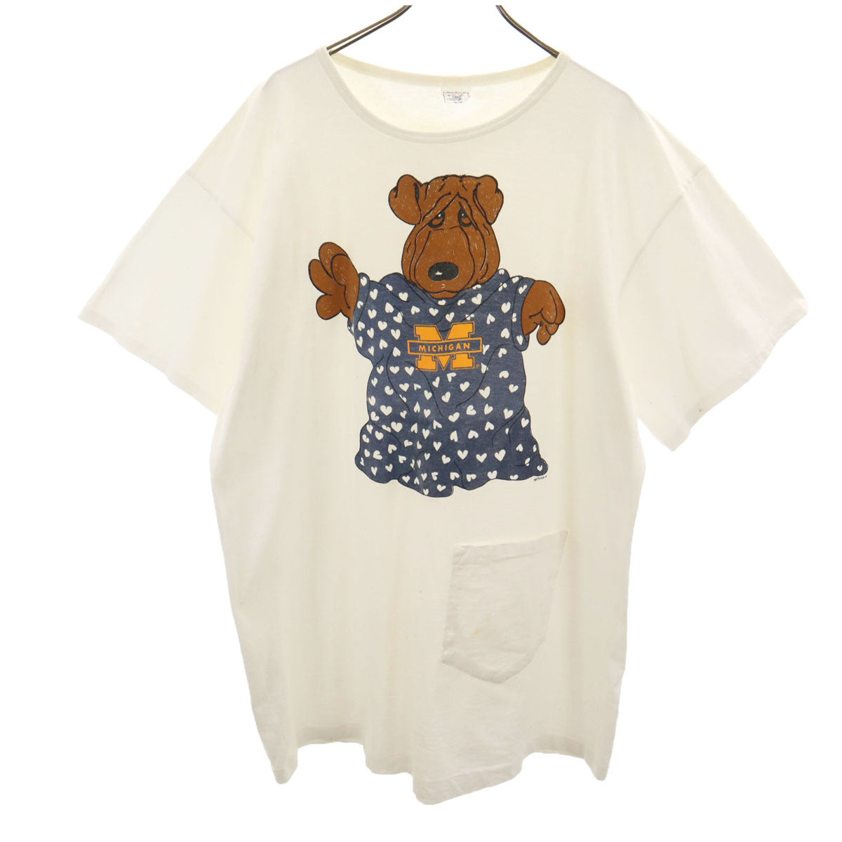 ALORE アローレ 90s USA製 オールド ミシガン ドッグプリント 半袖 ロング Tシャツ OS ホワイト シングルステッチ 犬 レディース