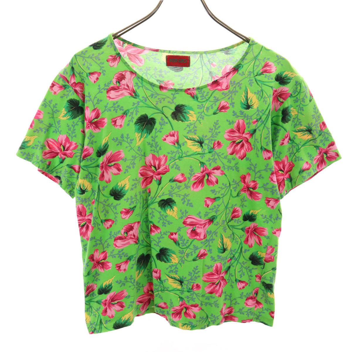 KENZO ケンゾー 90s 日本製 オールド 花柄 プリント 半袖 ボートネック Tシャツ M グリーン レディース