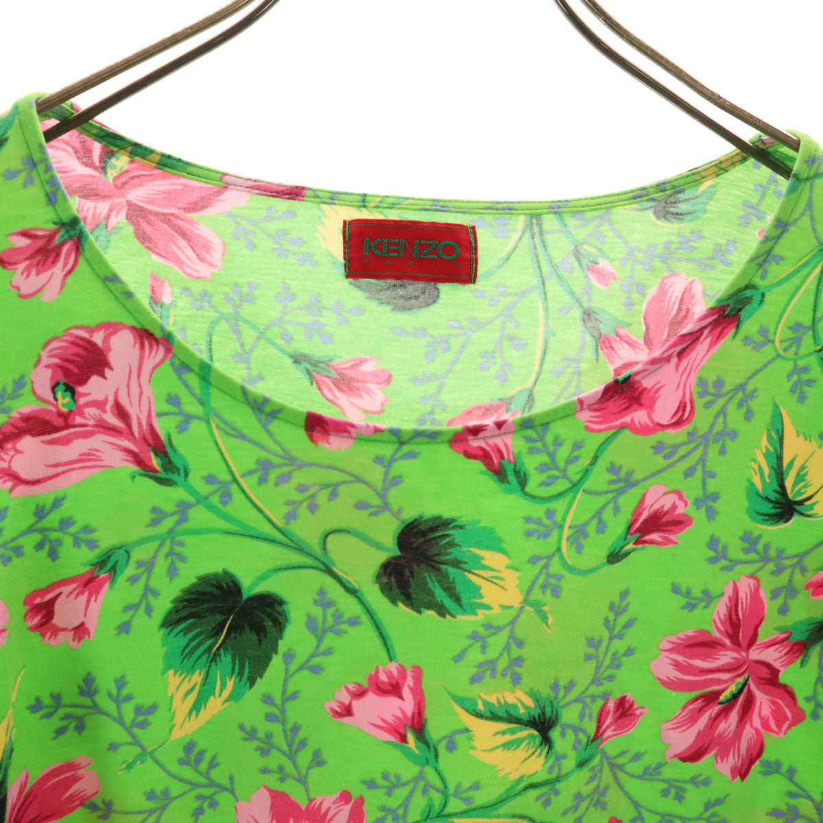 KENZO ケンゾー 90s 日本製 オールド 花柄 プリント 半袖 ボートネック Tシャツ M グリーン レディース