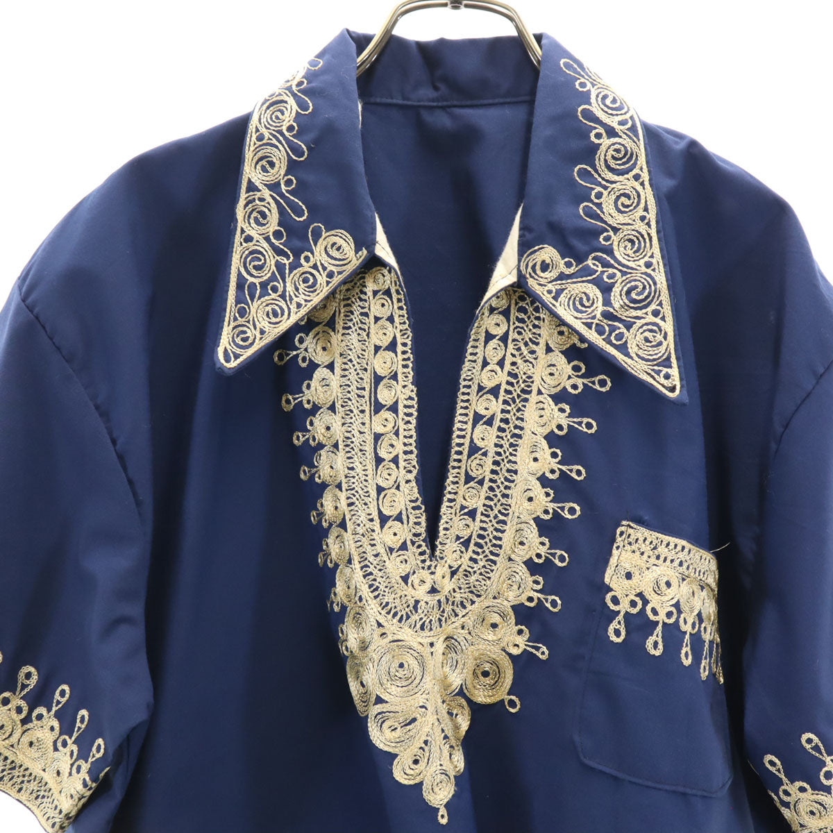 70s 80s オールド 半袖 ダシキ シャツ ネイビー アフリカ民族 メンズ