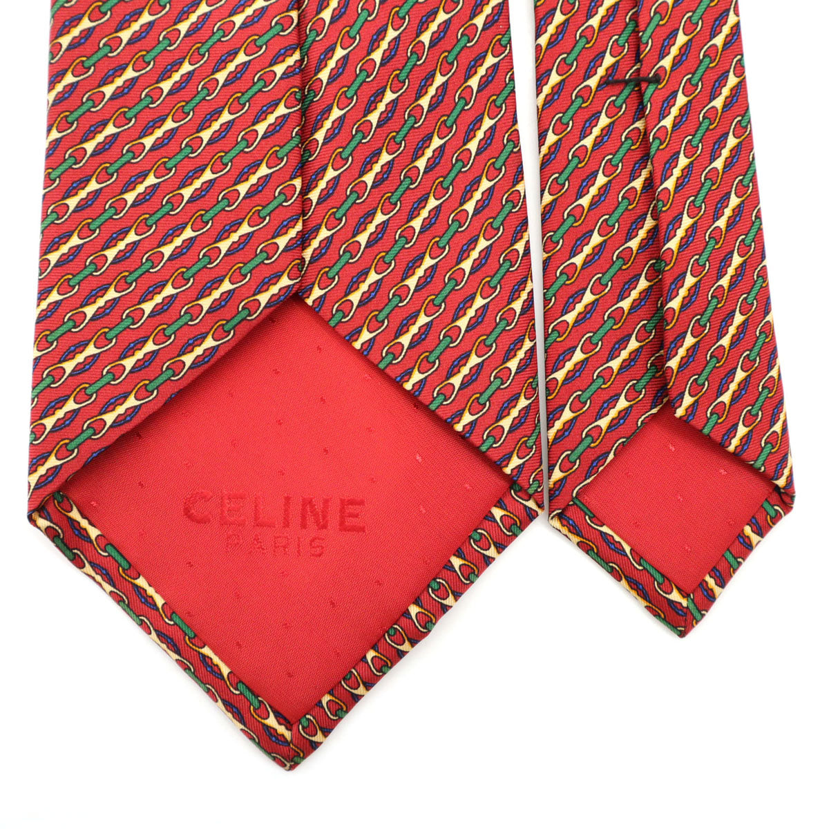 CELINE セリーヌ スペイン製 シルク 総柄 ネクタイ レッド系 メンズ