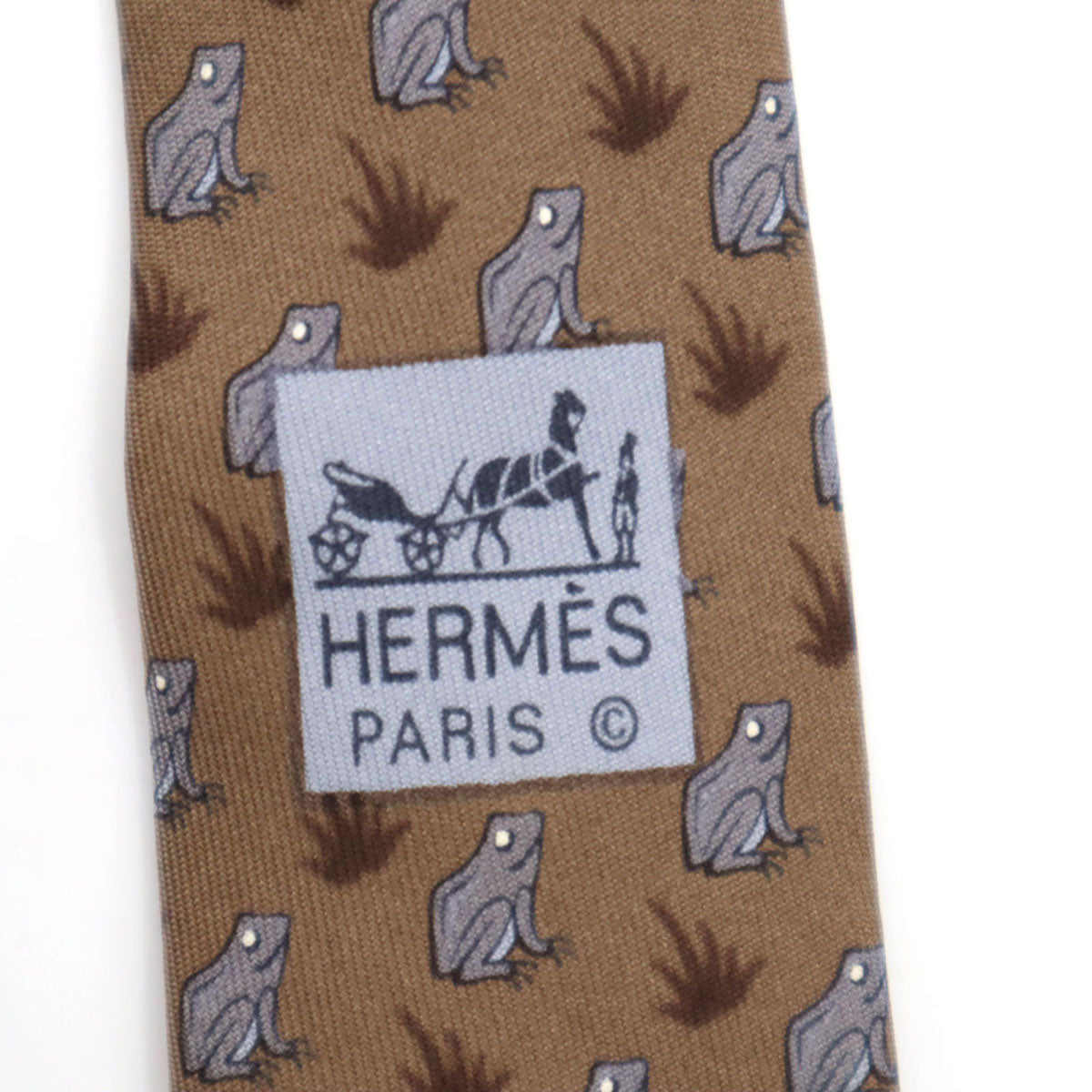 HERMES エルメス フランス製 シルク カエル柄 ネクタイ ブラウン メンズ