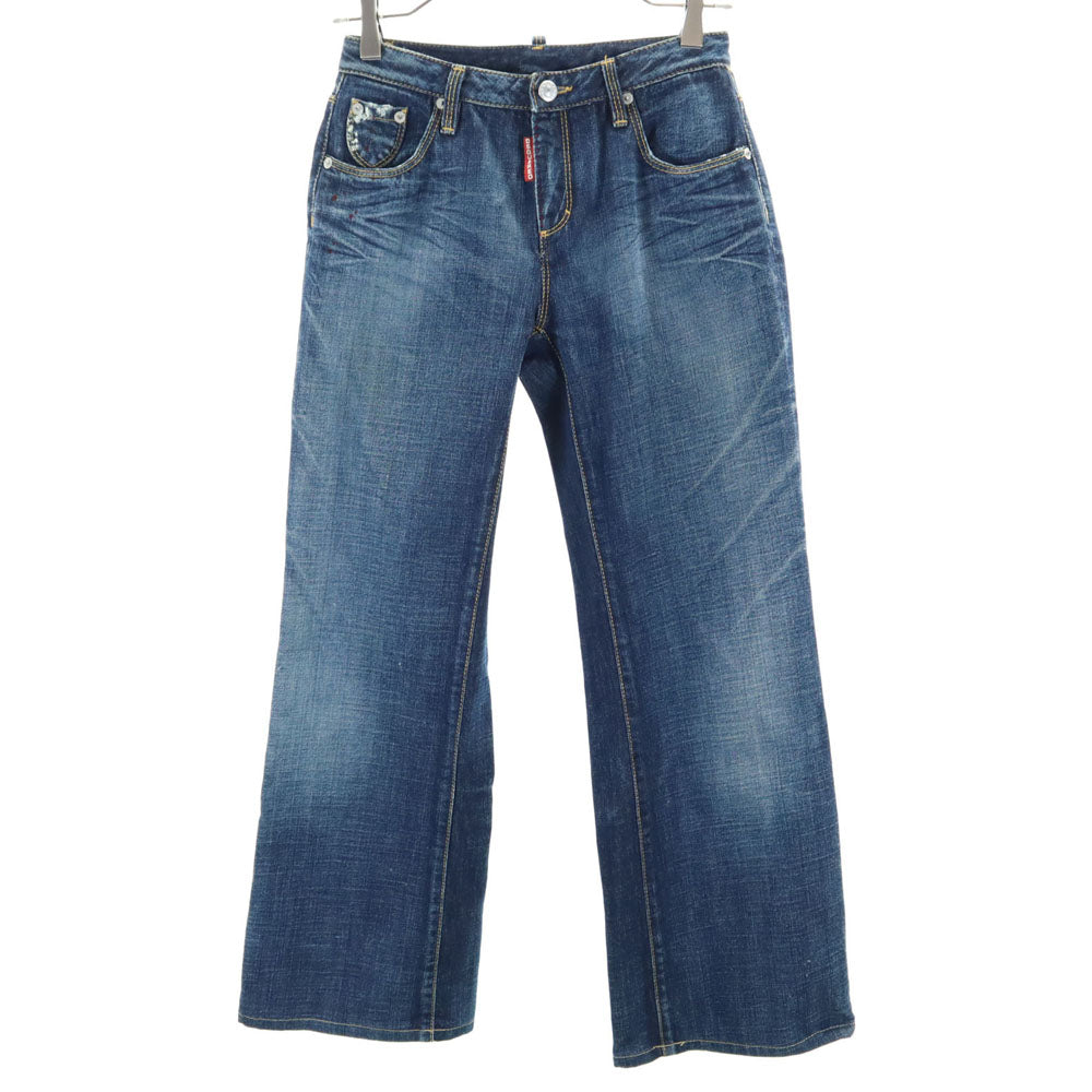 DSQUARED2 ディースクエアード イタリア製 ワイド デニムパンツ 40 インディゴ ジーンズ ペンキ ヴィンテージ加工 レディース