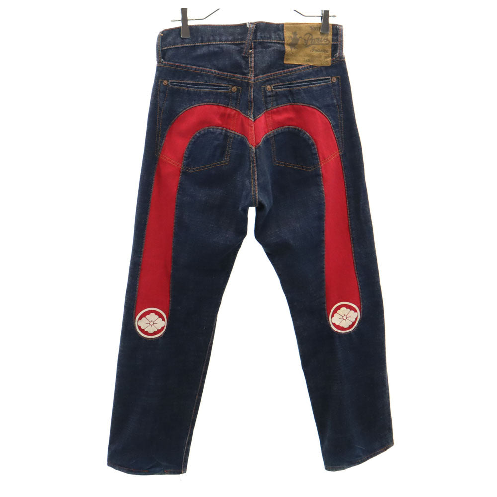 EVISU エヴィス 1460 切抜き大黒 家紋ペイント カモメ 赤耳 デニムパンツ W30 インディゴ PARIS ジーンズ セルビッチ Vステッチ 隠しリベット オフセットベルトループ メンズ