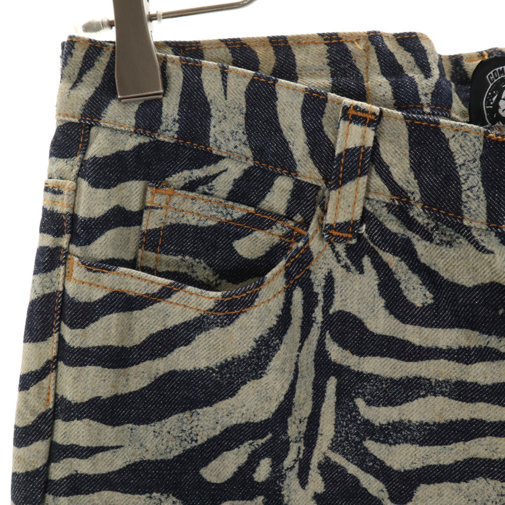 デニムオゾン 日本製 総柄 ヴィンテージ加工 スキニーデニムパンツ S ネイビー 他 ジーンズ レディース