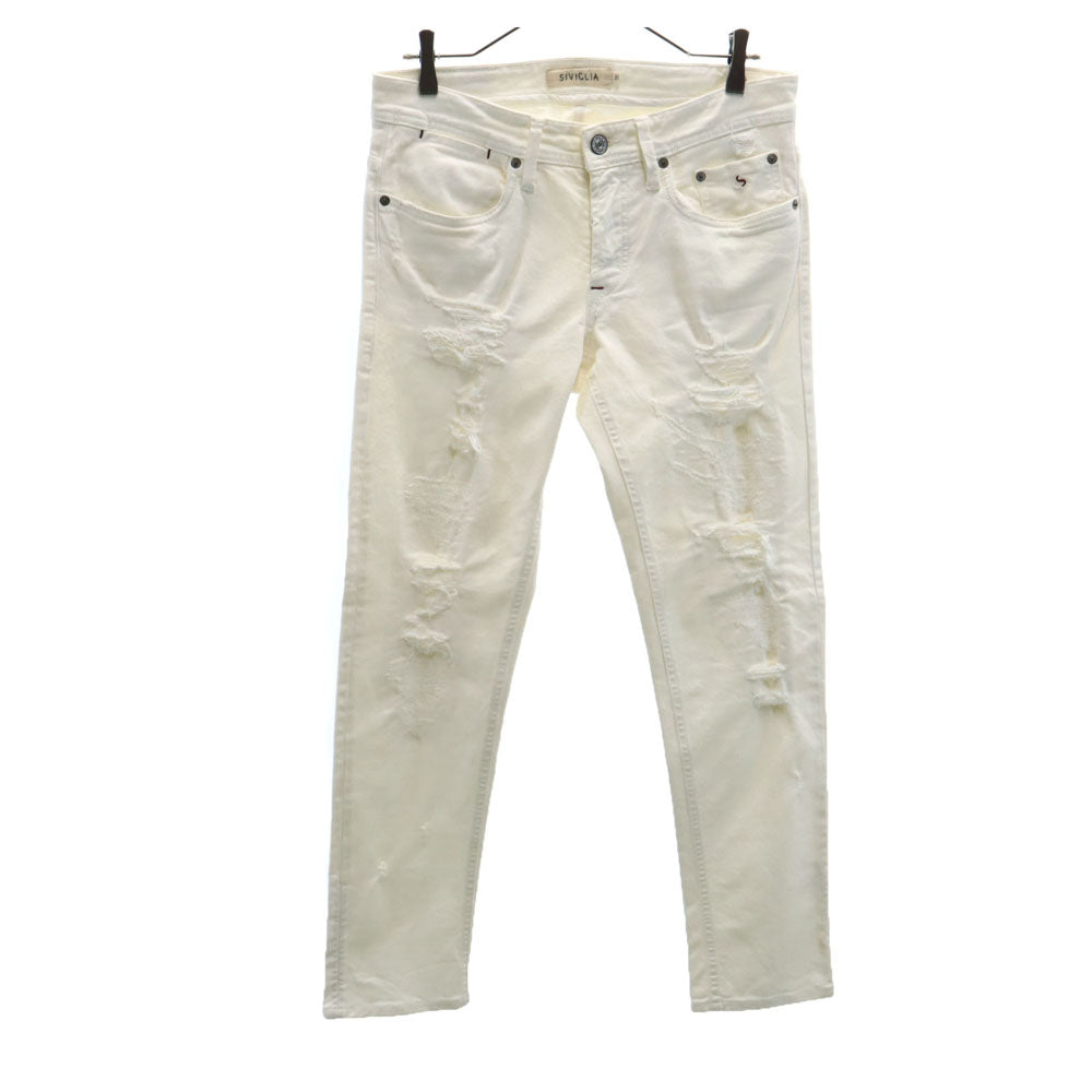 SIVIGLIA シヴィリア イタリア製 クラッシュ加工 スキニーパンツ W31 ホワイト ボタンフライ メンズ
