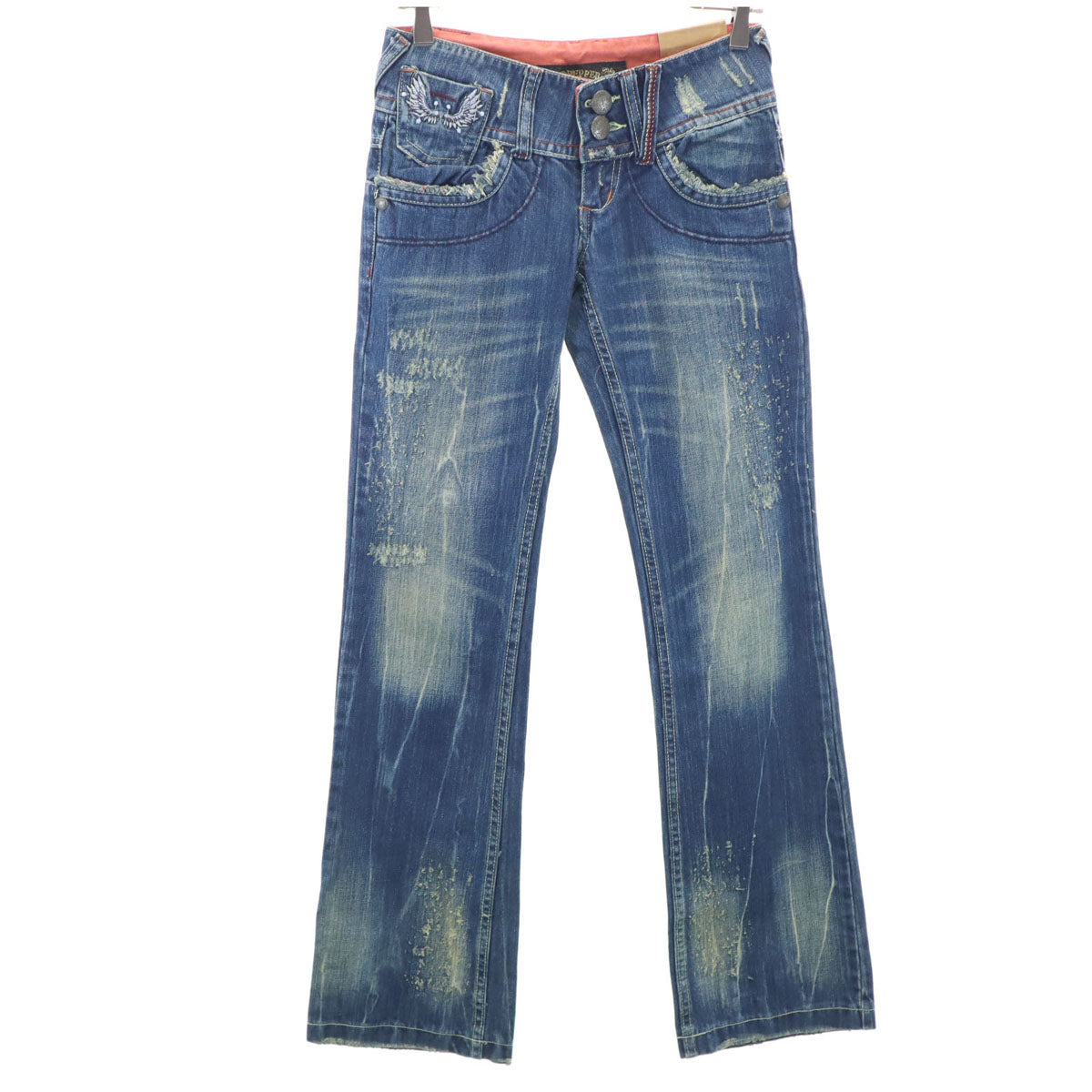 未使用 RED PEPPER レッドペッパー フラッシャー付き バック刺繍 ヴィンテージ加工 ブーツカットデニムパンツ W25 インディゴブルー ジーンズ レディース