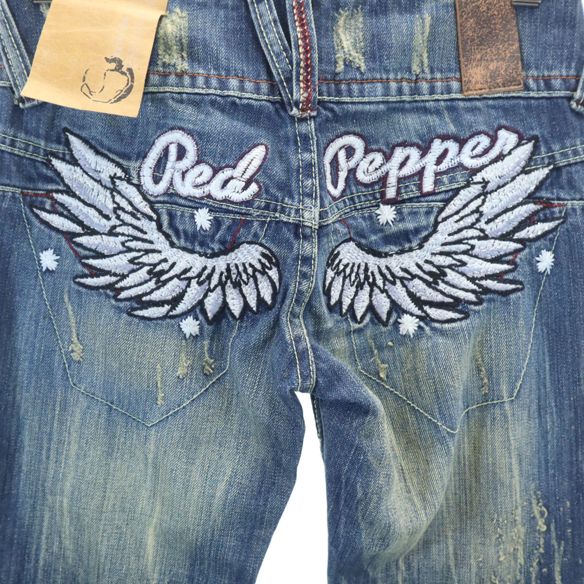 未使用 RED PEPPER レッドペッパー フラッシャー付き バック刺繍 ヴィンテージ加工 ブーツカットデニムパンツ W25 インディゴブルー ジーンズ レディース