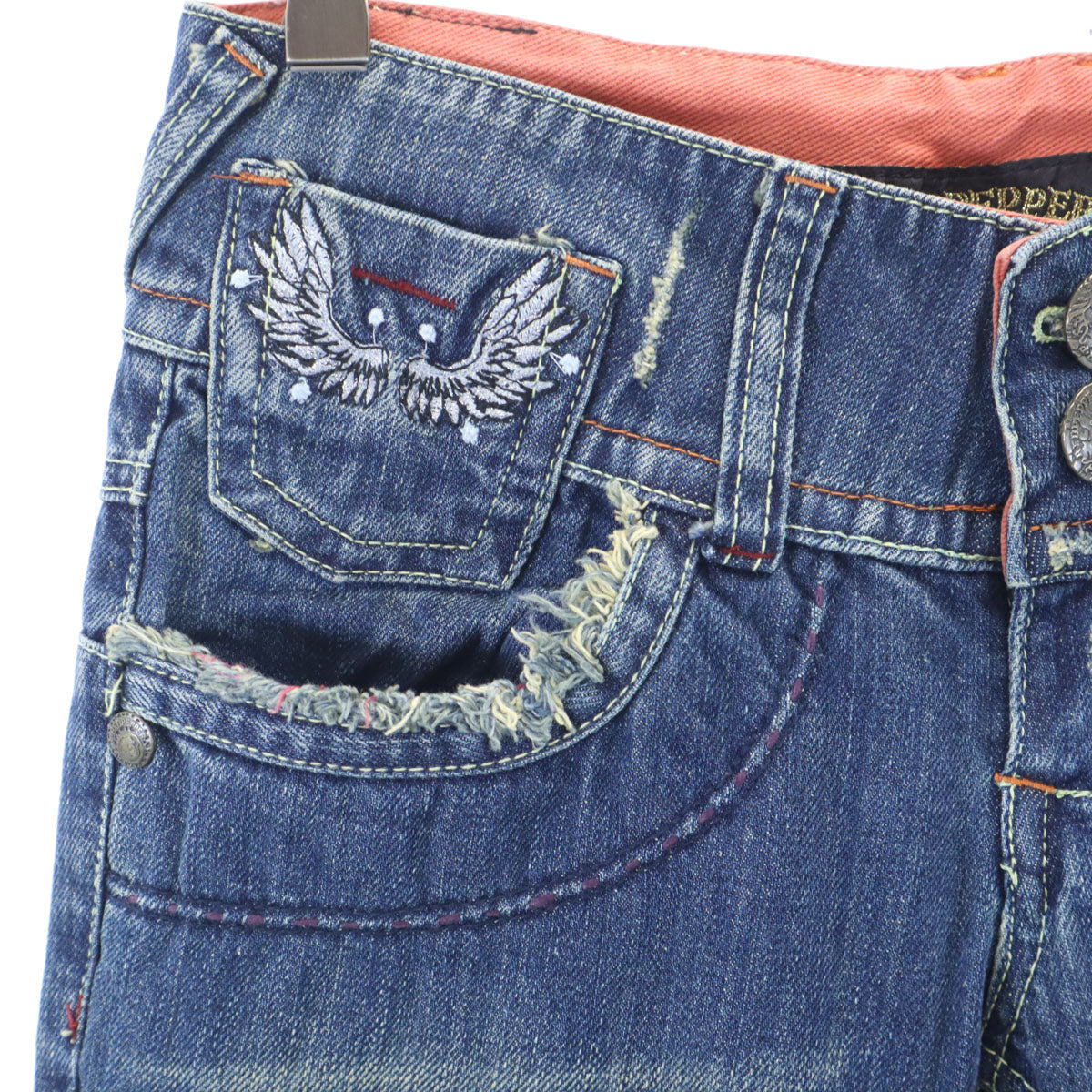 未使用 RED PEPPER レッドペッパー フラッシャー付き バック刺繍 ヴィンテージ加工 ブーツカットデニムパンツ W25 インディゴブルー ジーンズ レディース