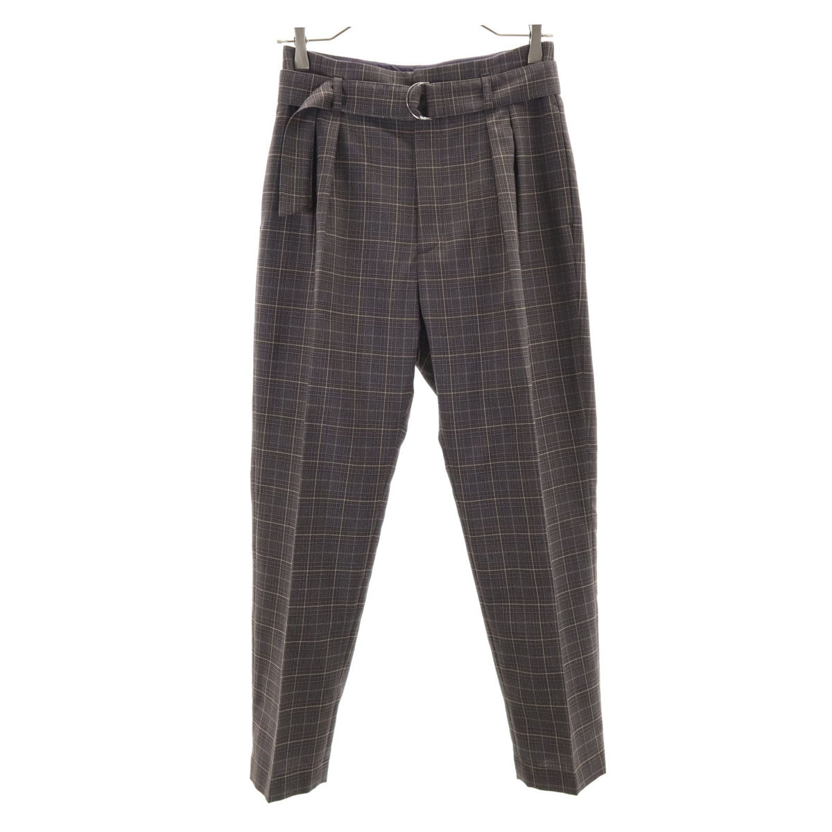 green label relaxing グリーンレーベルリラクシング ウールブレンド チェック柄 ベルテッド テーパードパンツ 36 ネイビー系 レディース
