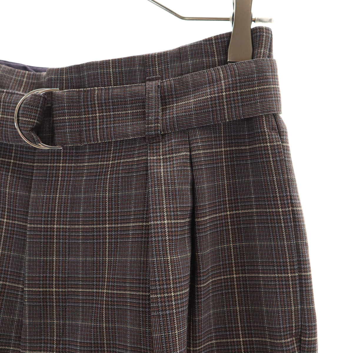 green label relaxing グリーンレーベルリラクシング ウールブレンド チェック柄 ベルテッド テーパードパンツ 36 ネイビー系 レディース