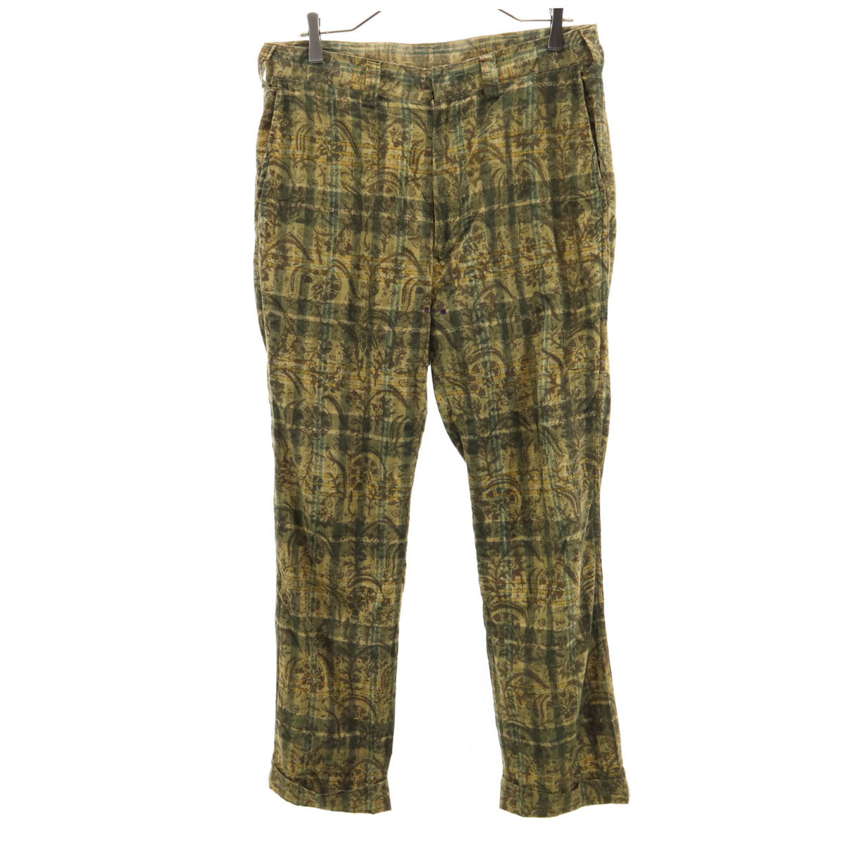 Needles ニードルズ 日本製 チェック 総柄 ストレートパンツ S ベージュ シンチバック メンズ