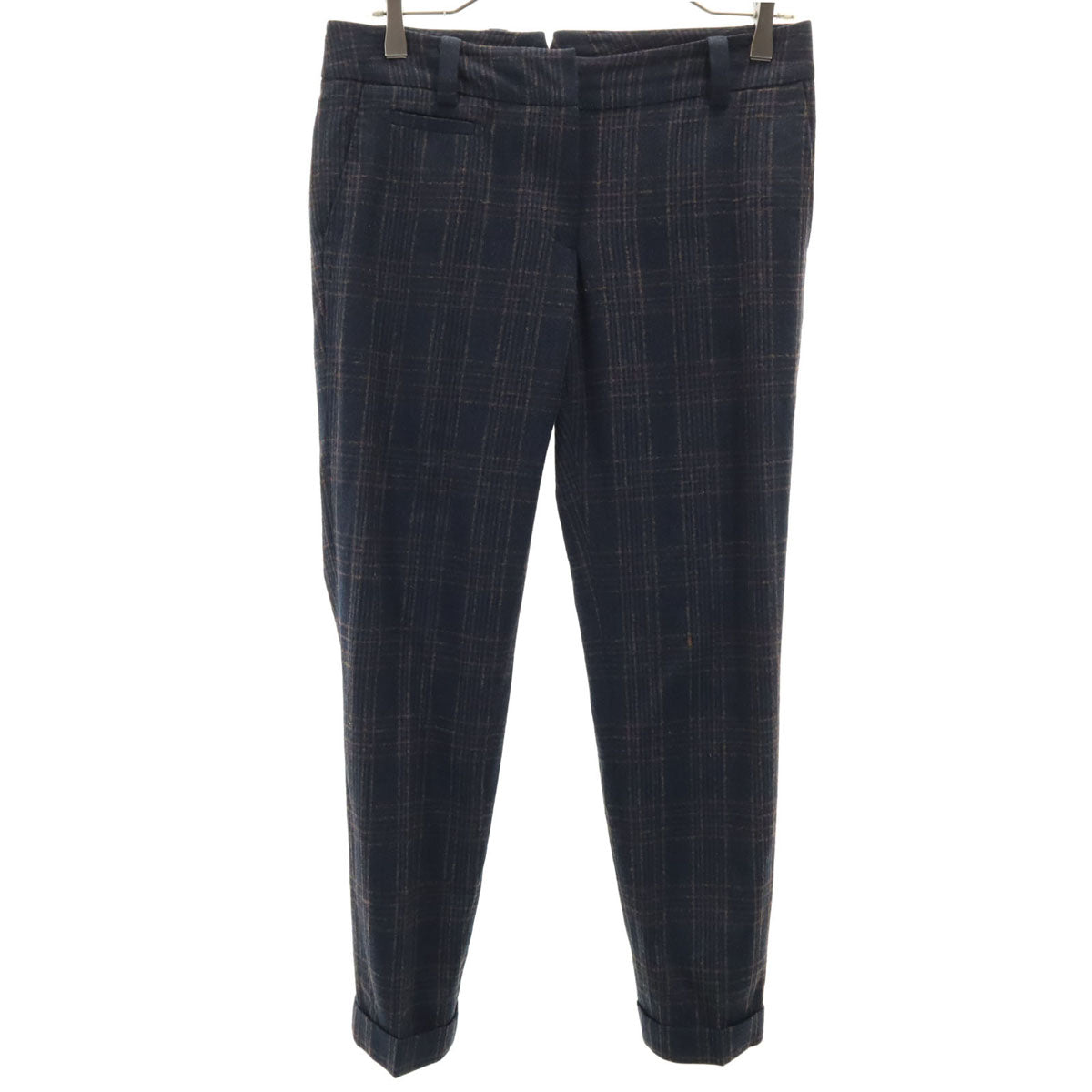 INCOTEX インコテックス 日本製 ウールブレンド チェック テーパードパンツ 40 ネイビー系 レディース