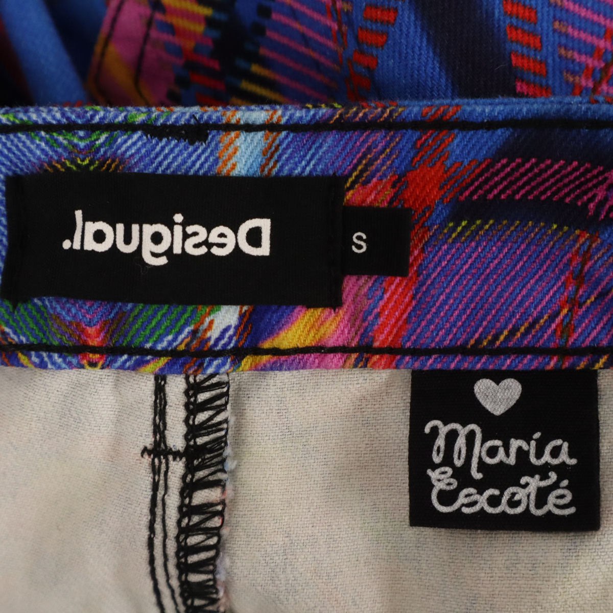 美品 Desigual デシグアル Maria Escote マリアエスコテ コラボ チェック柄 パンツ S ブルー系 レディース