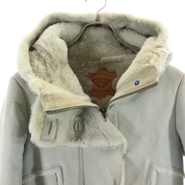 HYSTERIC ヒステリック 長袖 ムートン レザーコート FREE ブルー 羊毛皮 裏ファー フード レディース