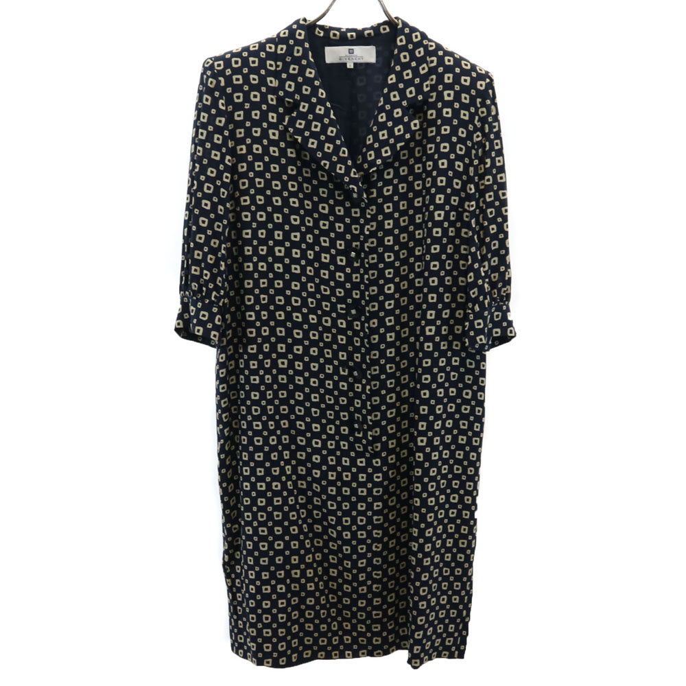ジバンシィ 90s 日本製 シルク100% オールド 総柄 5分袖 シャツワンピース 15 ネイビー系 GIVENCHY レディース