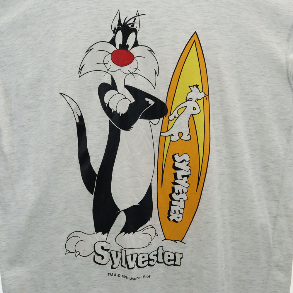Warner Bros ワーナーブラザーズ 90s オールド ルーニーテューンズ シルベスター 半袖 Tシャツ ワンピース ライトグレー レディース