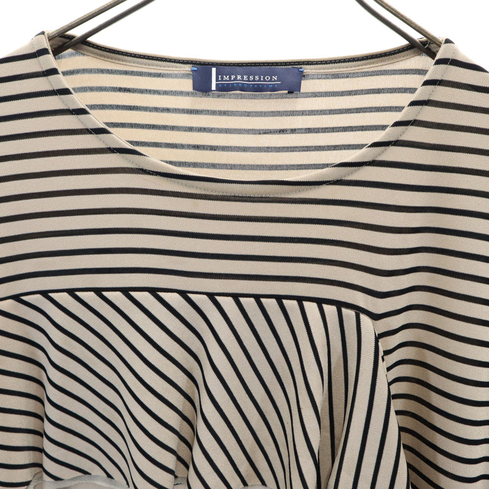 IMPRESSION インプレッション ボーダー柄 5分袖 ワンピース 36 ベージュ レディース