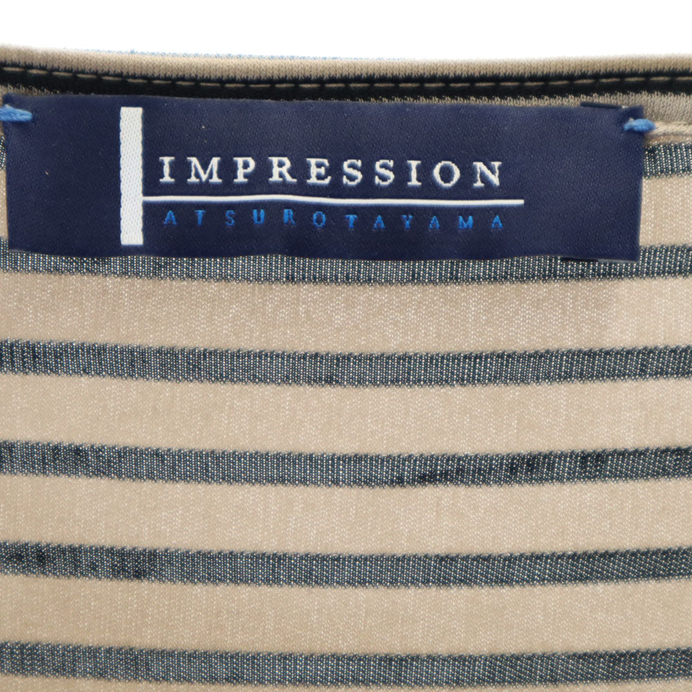 IMPRESSION インプレッション ボーダー柄 5分袖 ワンピース 36 ベージュ レディース