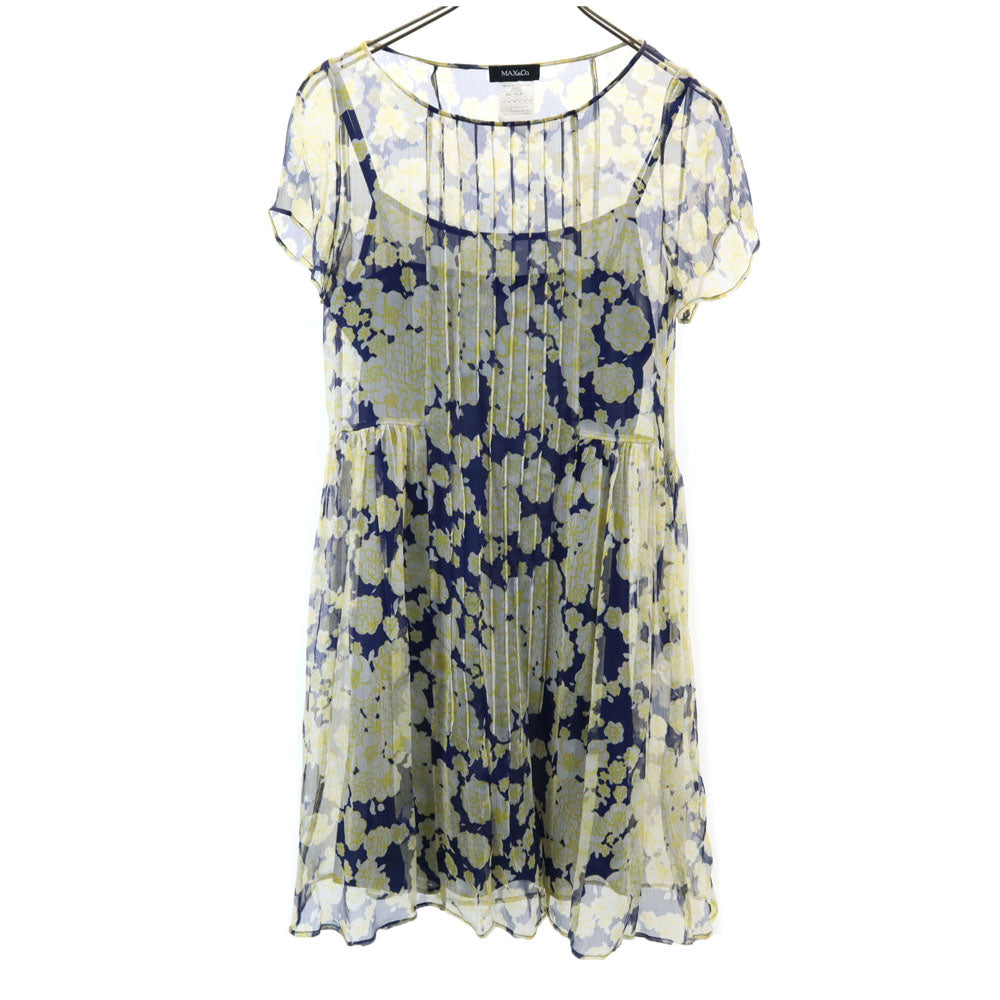 MAX&CO マックスアンドコー シルク 総柄 半袖 シアー ミニワンピース 40 ネイビー系 インナーキャミソール付き レディース