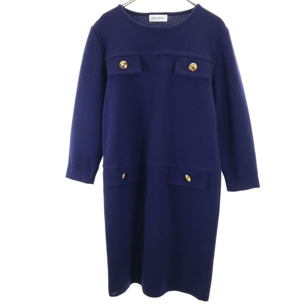 イヴサンローラン 90s ウール オールド 長袖 ニット ワンピース L ネイビー YVES SAINT LAURENT レディース