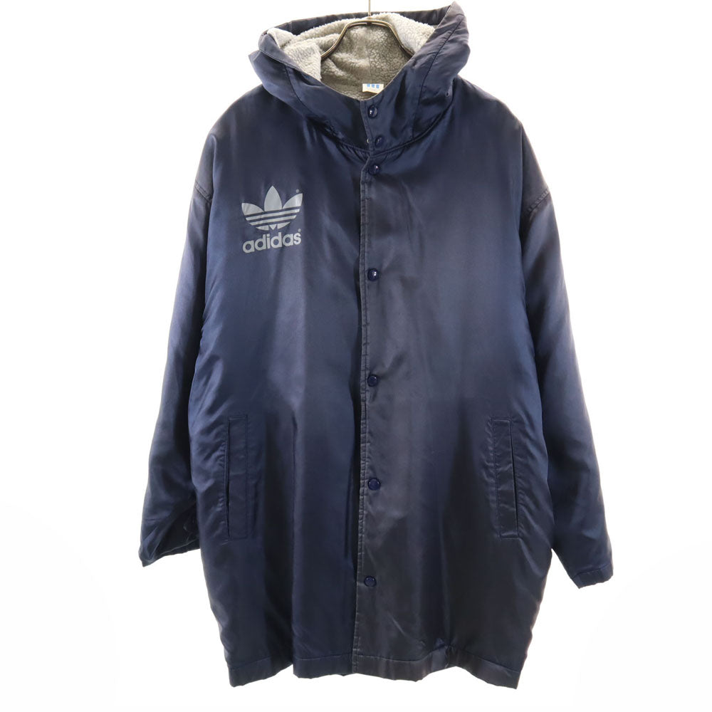 adidas アディダス 80s デサント 日本製 ヴィンテージ トレフォイルロゴプリント ベンチコート L ネイビー 裏ボア メンズ